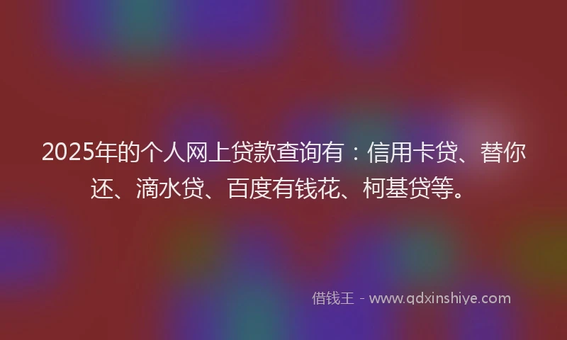 2025年的个人网上贷款查询有：信用卡贷、替你还、滴水贷、百度有钱花、柯基贷等。