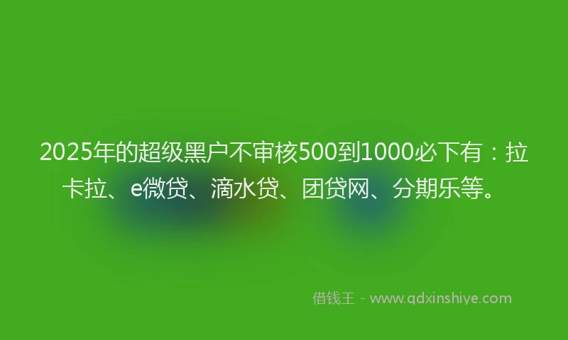 2025年的超级黑户不审核500到1000必下有：拉卡拉、e微贷、滴水贷、团贷网、分期乐等。