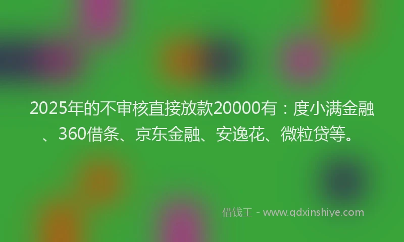 2025年的不审核直接放款20000有：度小满金融、360借条、京东金融、安逸花、微粒贷等。