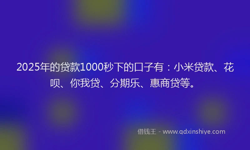 2025年的贷款1000秒下的口子有:小米贷款、花呗、你我贷、分期乐、惠商贷等。