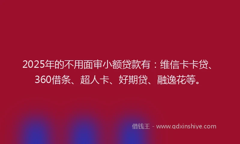 2025年的不用面审小额贷款有：维信卡卡贷、360借条、超人卡、好期贷、融逸花等。