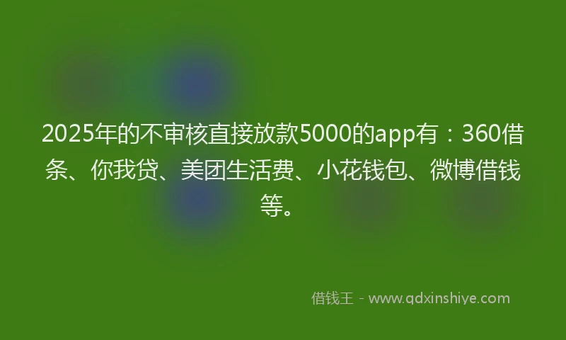 2025年的不审核直接放款5000的app有：360借条、你我贷、美团生活费、小花钱包、微博借钱等。
