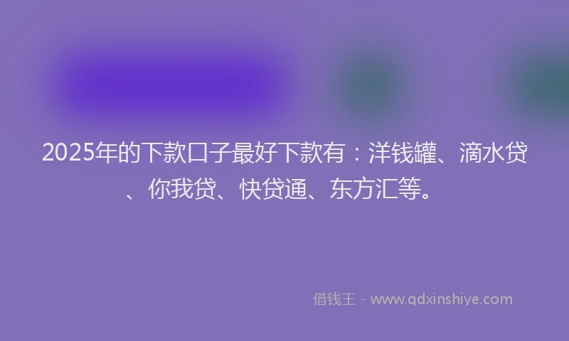 2025年的下款口子最好下款有：洋钱罐、滴水贷、你我贷、快贷通、东方汇等。