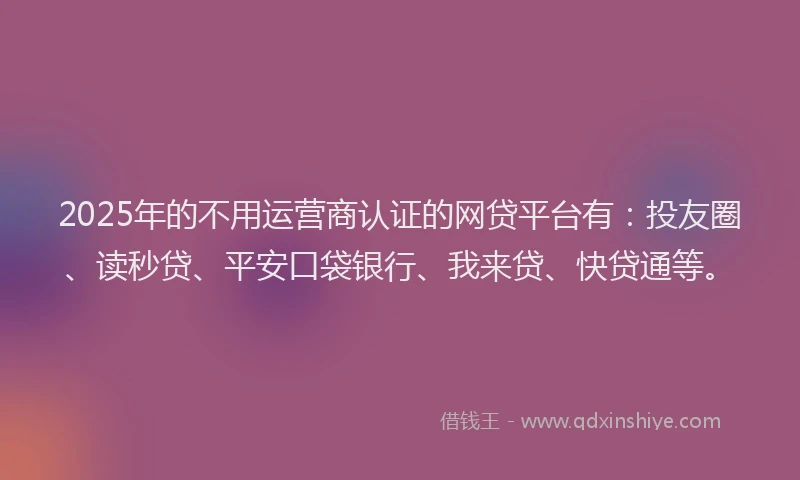 2025年的不用运营商认证的网贷平台有：投友圈、读秒贷、平安口袋银行、我来贷、快贷通等。