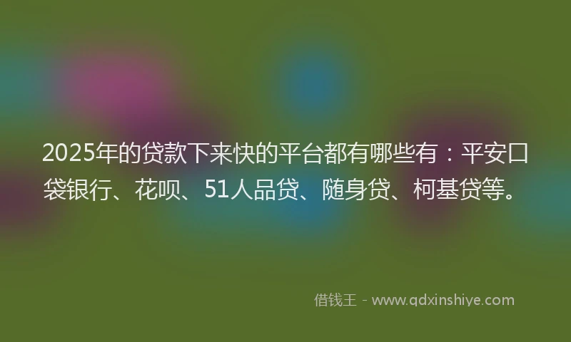 2025年的贷款下来快的平台都有哪些有：平安口袋银行、花呗、51人品贷、随身贷、柯基贷等。