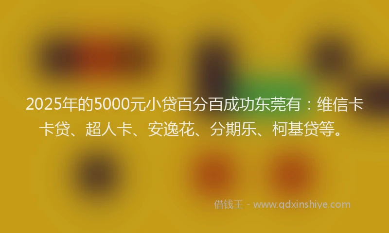 2025年的5000元小贷百分百成功东莞有：维信卡卡贷、超人卡、安逸花、分期乐、柯基贷等。