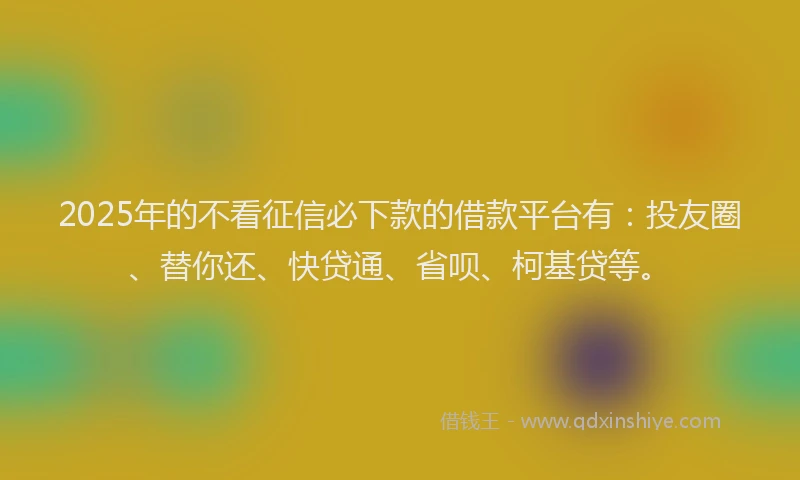 2025年的不看征信必下款的借款平台有：投友圈、替你还、快贷通、省呗、柯基贷等。