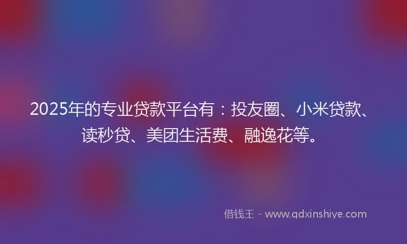 2025年的专业贷款平台有：投友圈、小米贷款、读秒贷、美团生活费、融逸花等。