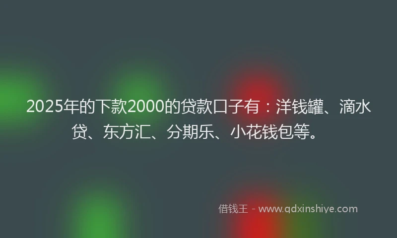 2025年的下款2000的贷款口子有：洋钱罐、滴水贷、东方汇、分期乐、小花钱包等。