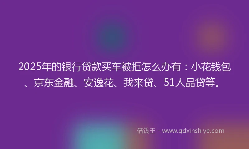 2025年的银行贷款买车被拒怎么办有：小花钱包、京东金融、安逸花、我来贷、51人品贷等。