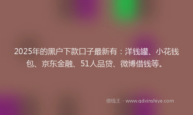 2025年的黑户下款口子最新有：洋钱罐、小花钱包、京东金融、51人品贷、微博借钱等。