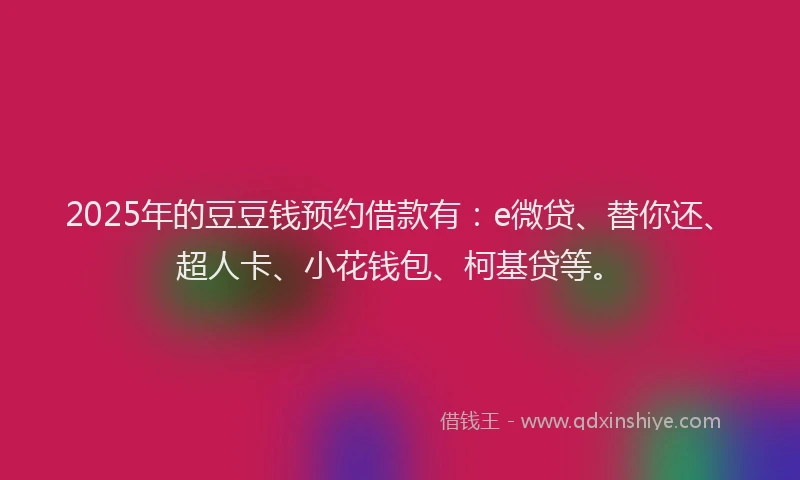 2025年的豆豆钱预约借款有：e微贷、替你还、超人卡、小花钱包、柯基贷等。