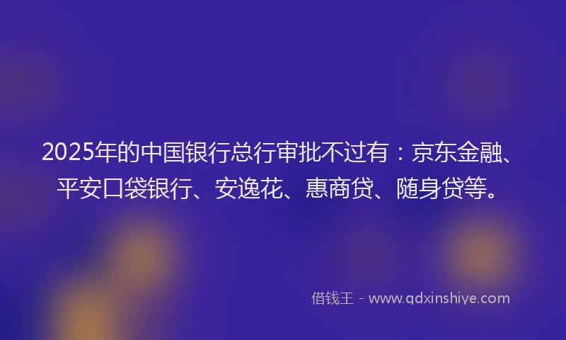 2025年的中国银行总行审批不过有：京东金融、平安口袋银行、安逸花、惠商贷、随身贷等。