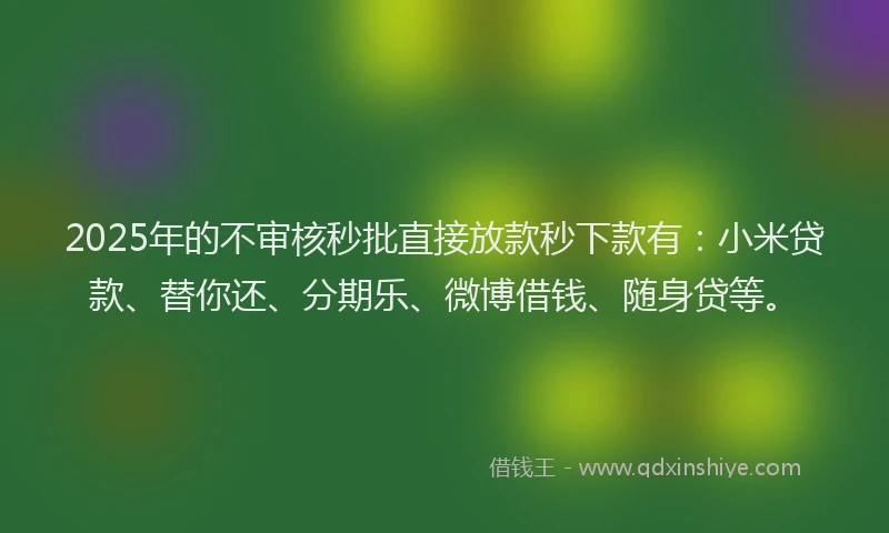 2025年的不审核秒批直接放款秒下款有：小米贷款、替你还、分期乐、微博借钱、随身贷等。