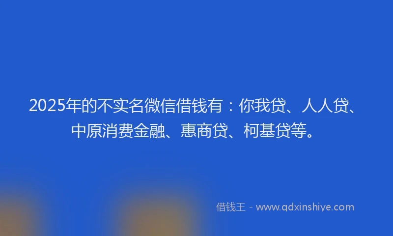 2025年的不实名微信借钱有：你我贷、人人贷、中原消费金融、惠商贷、柯基贷等。