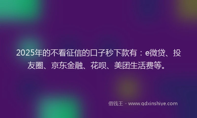 2025年的不看征信的口子秒下款有：e微贷、投友圈、京东金融、花呗、美团生活费等。