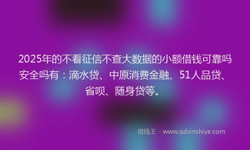 2025年的不看征信不查大数据的小额借钱可靠吗安全吗有：滴水贷、中原消费金融、51人品贷、省呗、随身贷等。