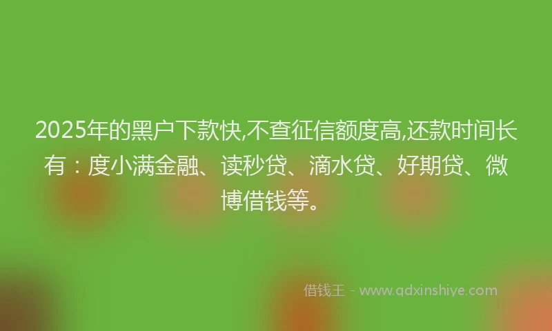 2025年的黑户下款快,不查征信额度高,还款时间长有：度小满金融、读秒贷、滴水贷、好期贷、微博借钱等。