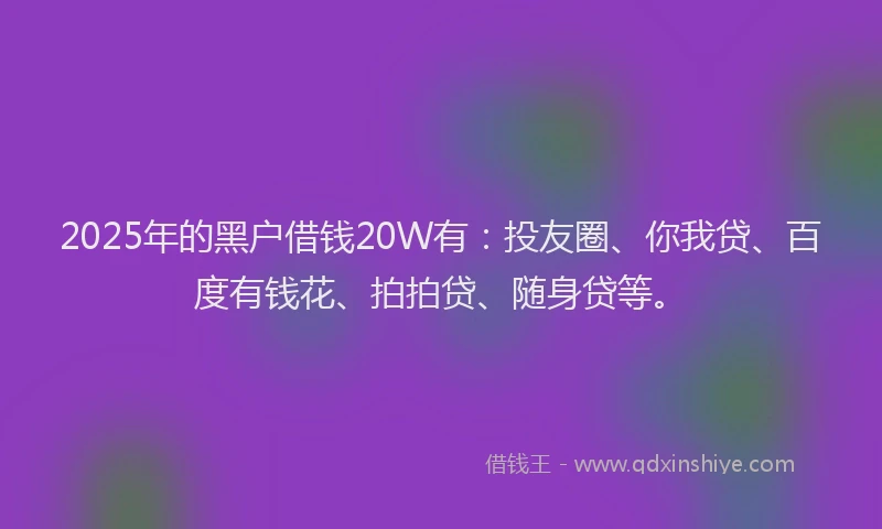 2025年的黑户借钱20W有：投友圈、你我贷、百度有钱花、拍拍贷、随身贷等。