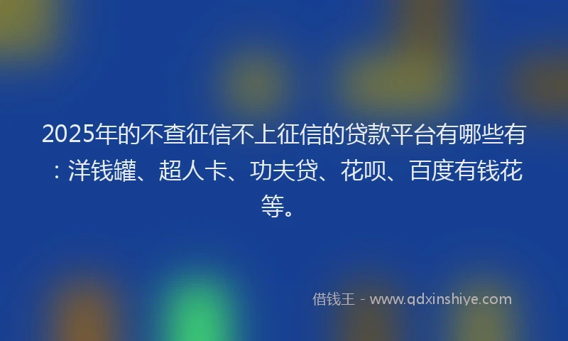 2025年的不查征信不上征信的贷款平台有哪些有：洋钱罐、超人卡、功夫贷、花呗、百度有钱花等。