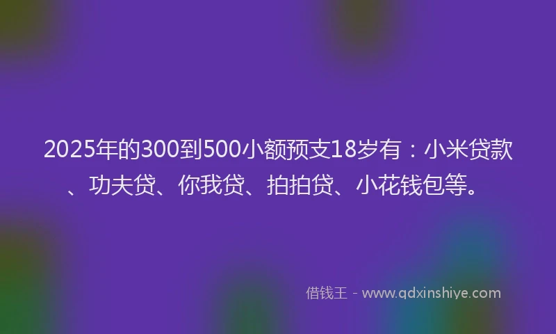 2025年的300到500小额预支18岁有：小米贷款、功夫贷、你我贷、拍拍贷、小花钱包等。