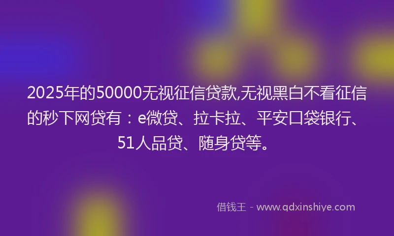 2025年的50000无视征信贷款,无视黑白不看征信的秒下网贷有：e微贷、拉卡拉、平安口袋银行、51人品贷、随身贷等。