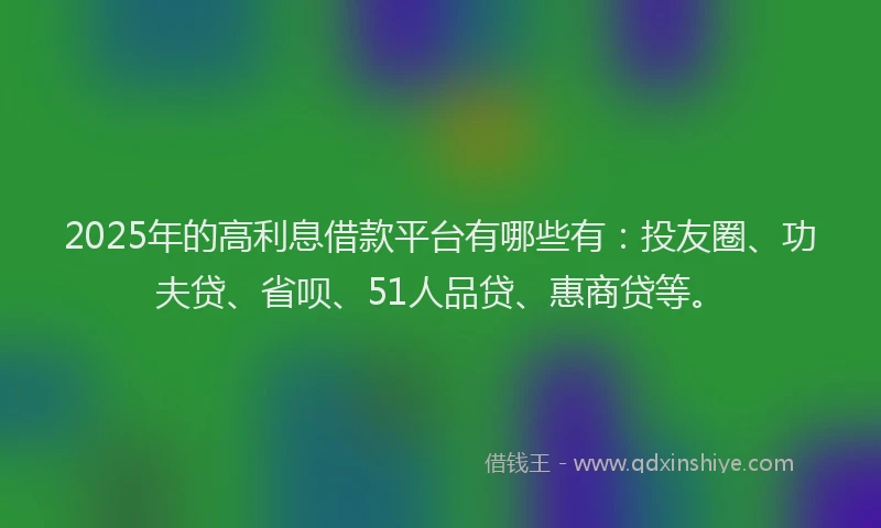 2025年的高利息借款平台有哪些有：投友圈、功夫贷、省呗、51人品贷、惠商贷等。