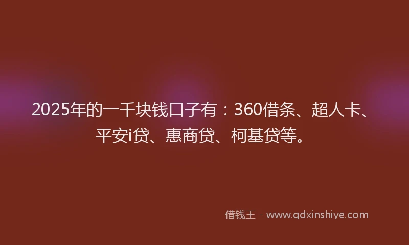 2025年的一千块钱口子有：360借条、超人卡、平安i贷、惠商贷、柯基贷等。