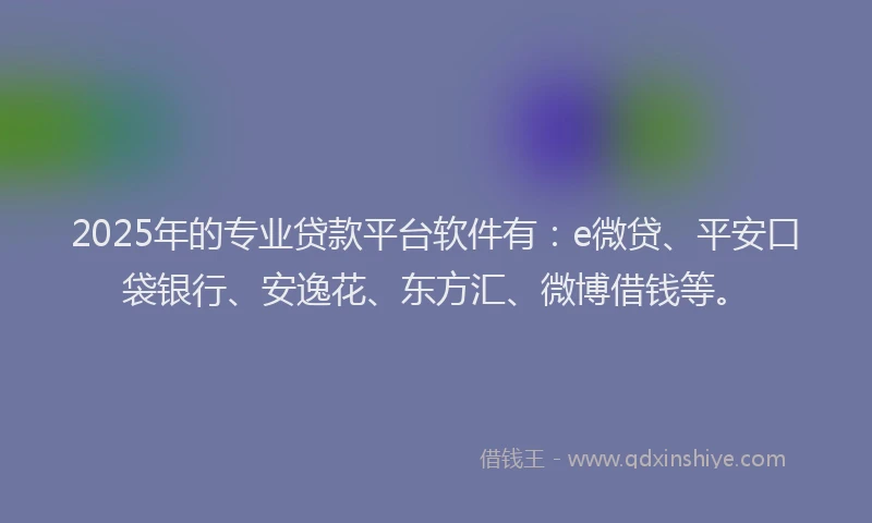 2025年的专业贷款平台软件有：e微贷、平安口袋银行、安逸花、东方汇、微博借钱等。