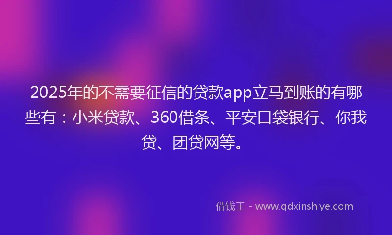 2025年的不需要征信的贷款app立马到账的有哪些有：小米贷款、360借条、平安口袋银行、你我贷、团贷网等。