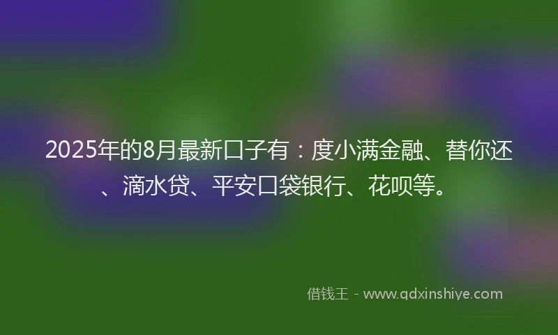 2025年的8月最新口子有：度小满金融、替你还、滴水贷、平安口袋银行、花呗等。