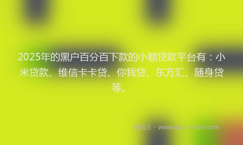 2025年的黑户百分百下款的小额贷款平台有：小米贷款、维信卡卡贷、你我贷、东方汇、随身贷等。
