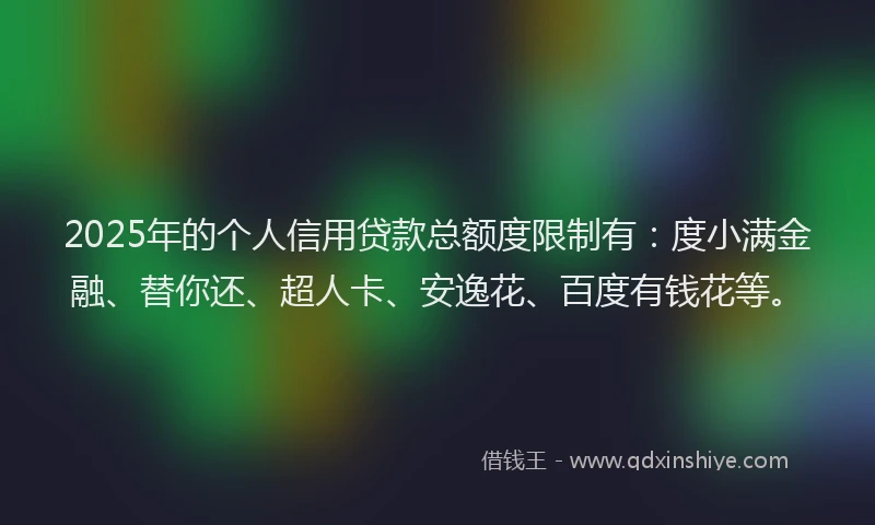 2025年的个人信用贷款总额度限制有：度小满金融、替你还、超人卡、安逸花、百度有钱花等。