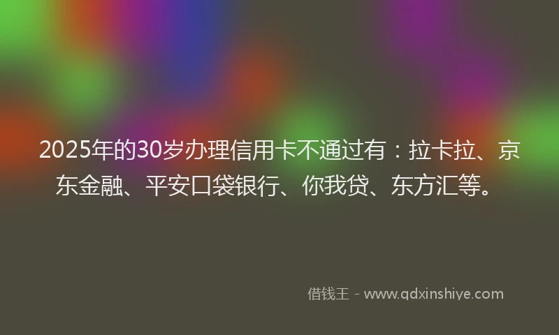 2025年的30岁办理信用卡不通过有：拉卡拉、京东金融、平安口袋银行、你我贷、东方汇等。