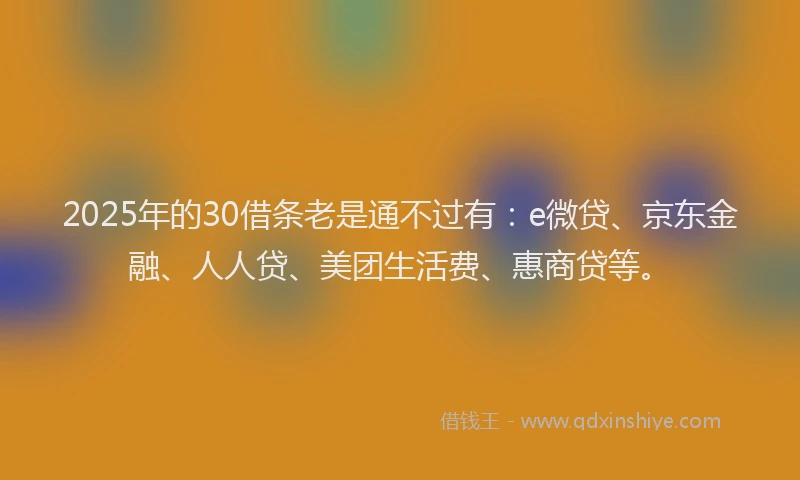2025年的30借条老是通不过有：e微贷、京东金融、人人贷、美团生活费、惠商贷等。