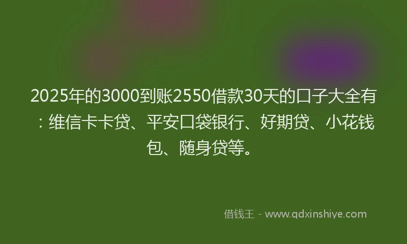 2025年的3000到账2550借款30天的口子大全有：维信卡卡贷、平安口袋银行、好期贷、小花钱包、随身贷等。