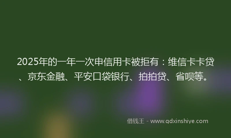 2025年的一年一次申信用卡被拒有：维信卡卡贷、京东金融、平安口袋银行、拍拍贷、省呗等。