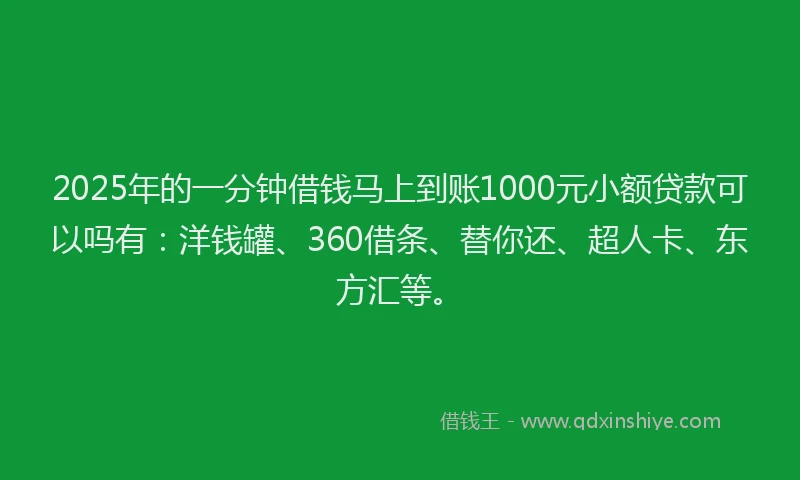 2025年的一分钟借钱马上到账1000元小额贷款可以吗有：洋钱罐、360借条、替你还、超人卡、东方汇等。