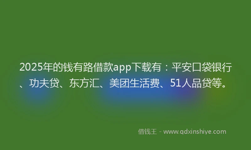 2025年的钱有路借款app下载有：平安口袋银行、功夫贷、东方汇、美团生活费、51人品贷等。