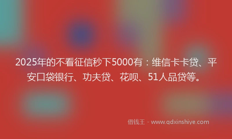 2025年的不看征信秒下5000有：维信卡卡贷、平安口袋银行、功夫贷、花呗、51人品贷等。