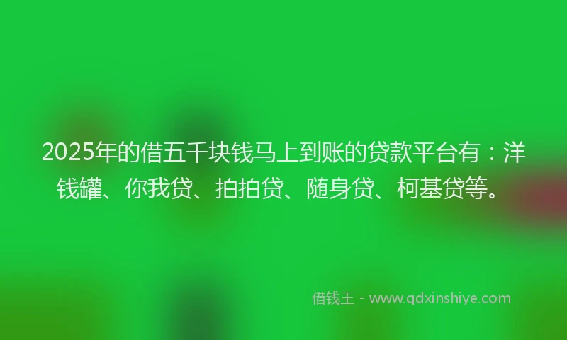 2025年的借五千块钱马上到账的贷款平台有：洋钱罐、你我贷、拍拍贷、随身贷、柯基贷等。