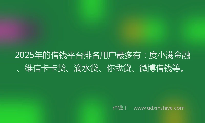 2025年的借钱平台排名用户最多有：度小满金融、维信卡卡贷、滴水贷、你我贷、微博借钱等。