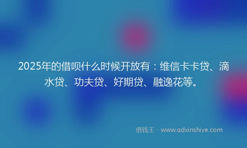 2025年的借呗什么时候开放有：维信卡卡贷、滴水贷、功夫贷、好期贷、融逸花等。