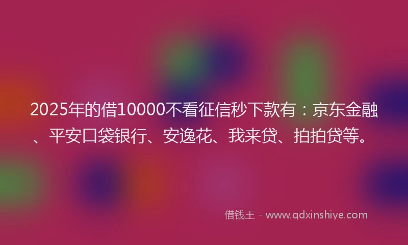 2025年的借10000不看征信秒下款有：京东金融、平安口袋银行、安逸花、我来贷、拍拍贷等。