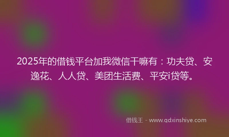 2025年的借钱平台加我微信干嘛有：功夫贷、安逸花、人人贷、美团生活费、平安i贷等。