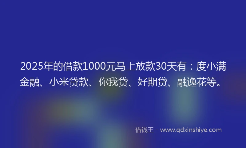 2025年的借款1000元马上放款30天有：度小满金融、小米贷款、你我贷、好期贷、融逸花等。