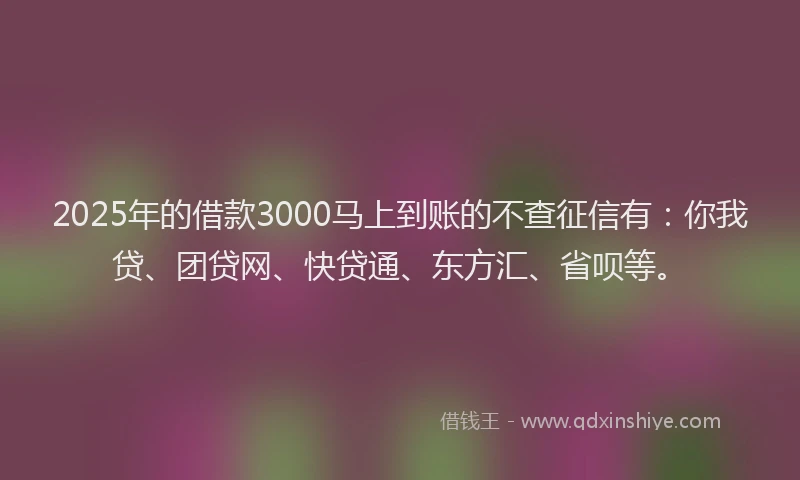 2025年的借款3000马上到账的不查征信有：你我贷、团贷网、快贷通、东方汇、省呗等。