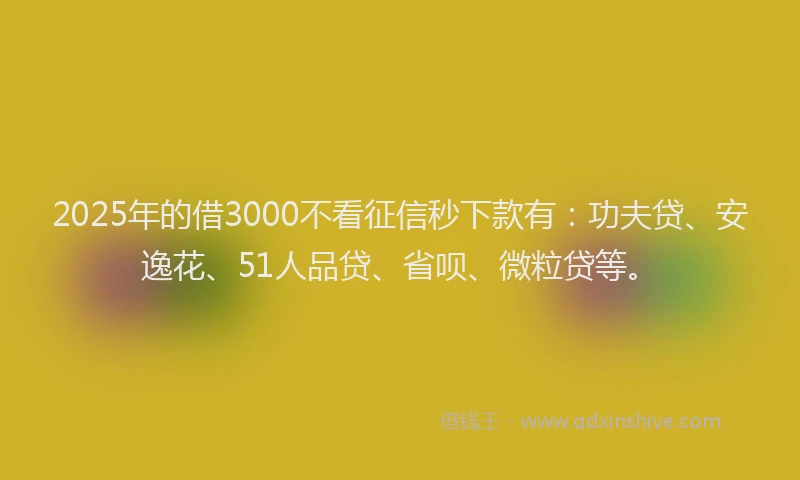 2025年的借3000不看征信秒下款有：功夫贷、安逸花、51人品贷、省呗、微粒贷等。