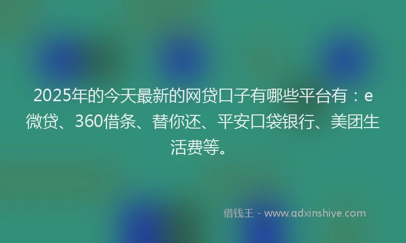 2025年的今天最新的网贷口子有哪些平台有：e微贷、360借条、替你还、平安口袋银行、美团生活费等。