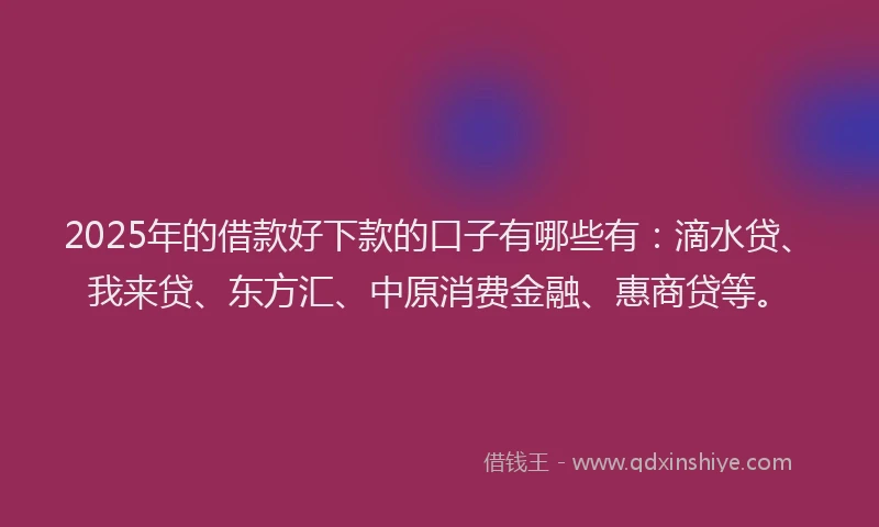 2025年的借款好下款的口子有哪些有：滴水贷、我来贷、东方汇、中原消费金融、惠商贷等。